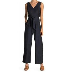 Calvin Klein Dark Denim Look  Sleeveless V-Neck Tie Waist Jumpsuit Size 6